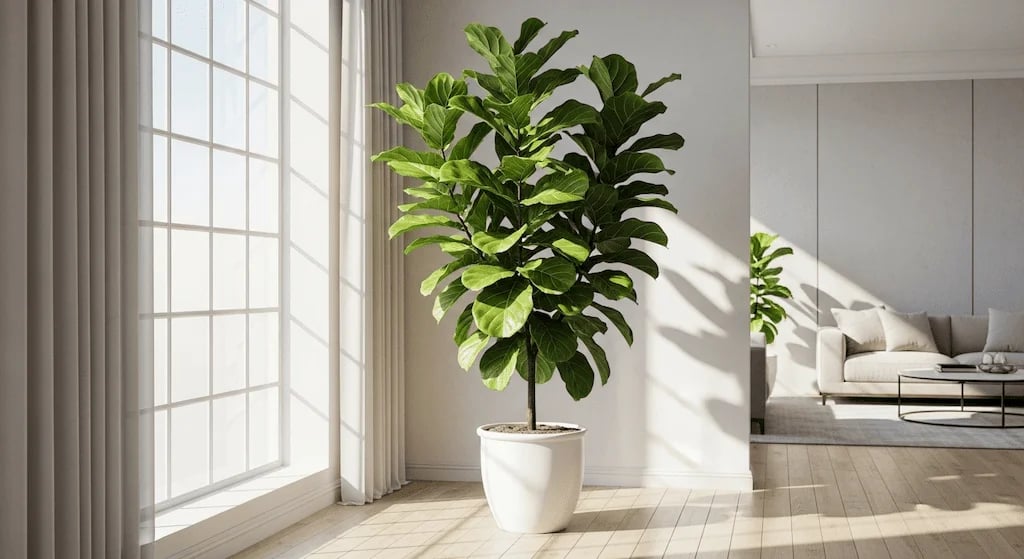 Un Ficus Lyrata alto y saludable con grandes hojas verdes, ubicado en una maceta blanca