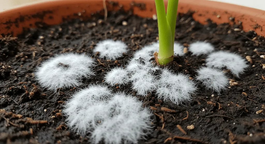Primer plano de moho blanco o pelusa creciendo sobre la tierra de una maceta.