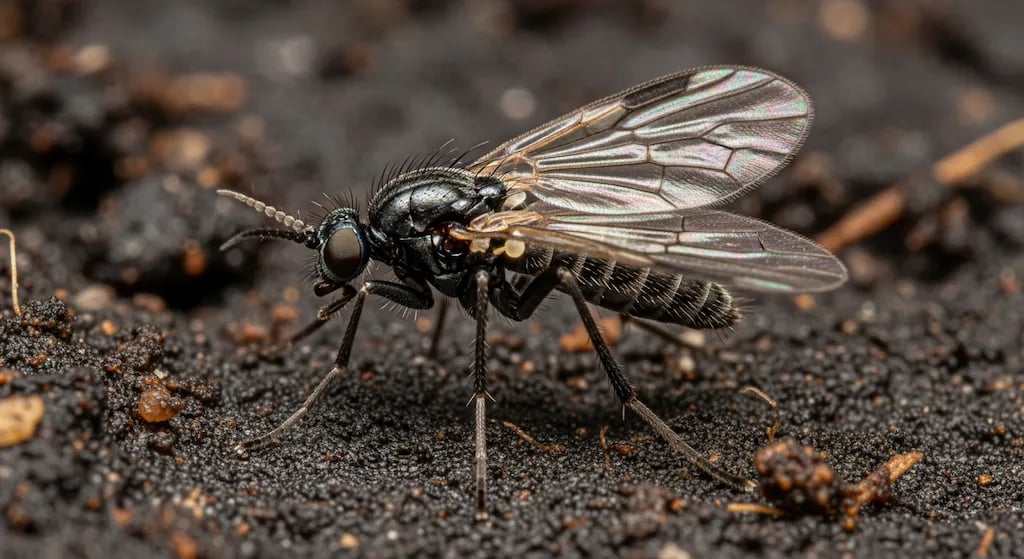 Primer plano de una mosca del sustrato o mosca del mantillo sobre una hoja.