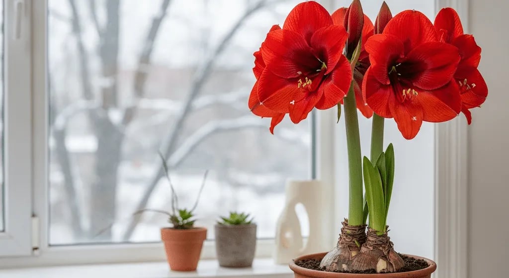 La Amaryllis de color rojo llamativo, frente a una ventana.