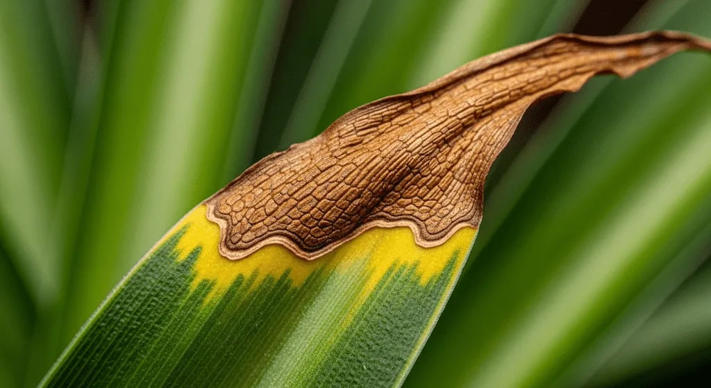 Primer plano de una hoja de planta de interior con la punta seca y marrón.