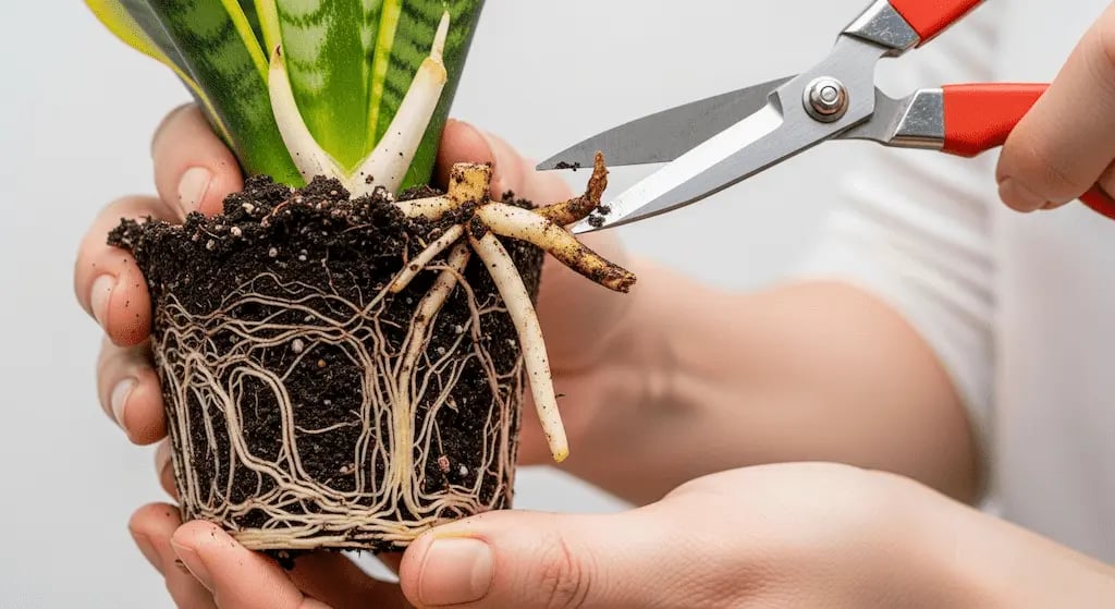 Manos saneando las raíces de una planta de interior, cortando con tijeras las partes podridas