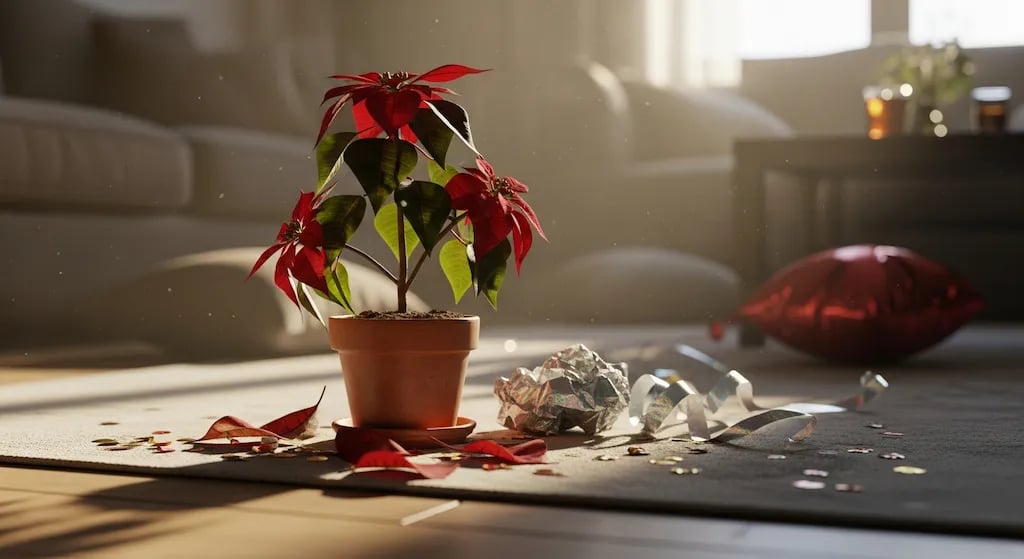 Una planta marchita con hojas caídas en el suelo después de una fiesta navideña.