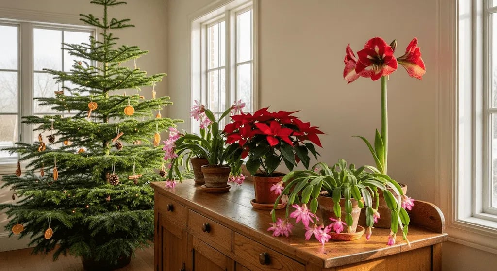 Decoración navideña natural con Flor de Pascua, Cactus de Navidad y otras plantas duraderas