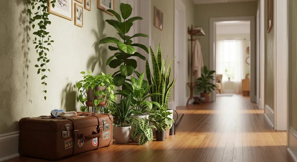 Maleta de viaje preparada junto a un grupo de plantas listas para las vacaciones.