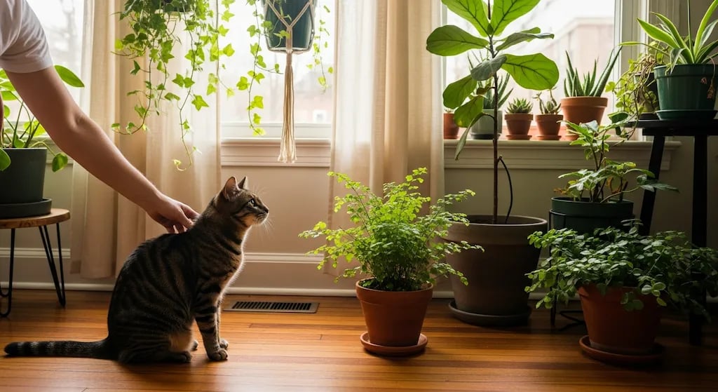 Persona supervisando con cariño a su gato curioso cerca de una planta de interior.