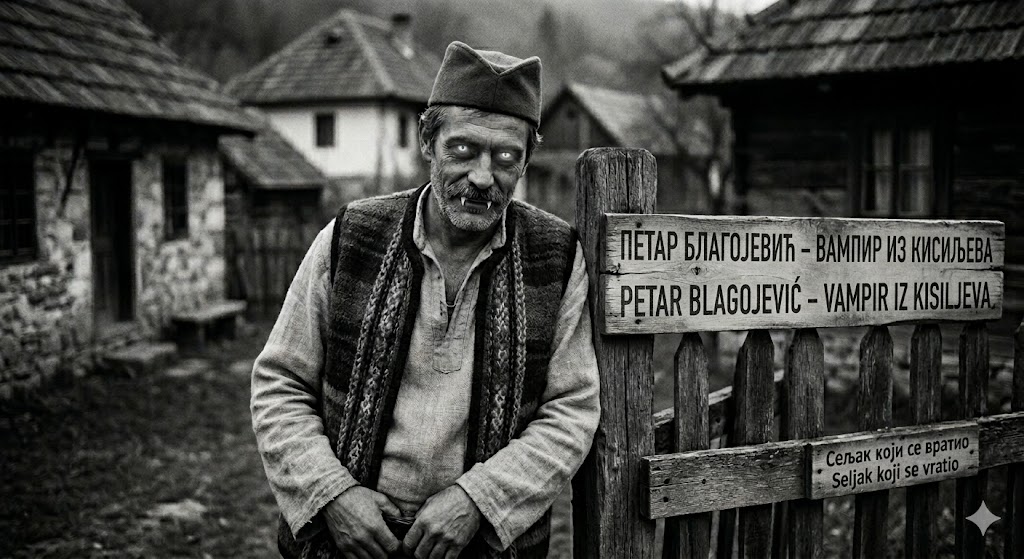 A black and white image depicts Petar the Vampire standing in a traditional country village.