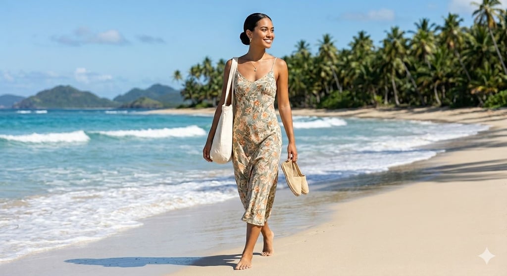 A woman walking barefoot on a sunny tropical beach, wearing an olive green floral linen slip dress
