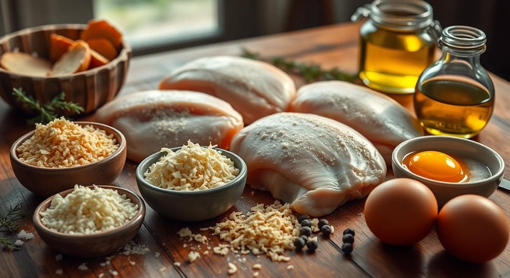 a table with eggs, chicken, and cheese