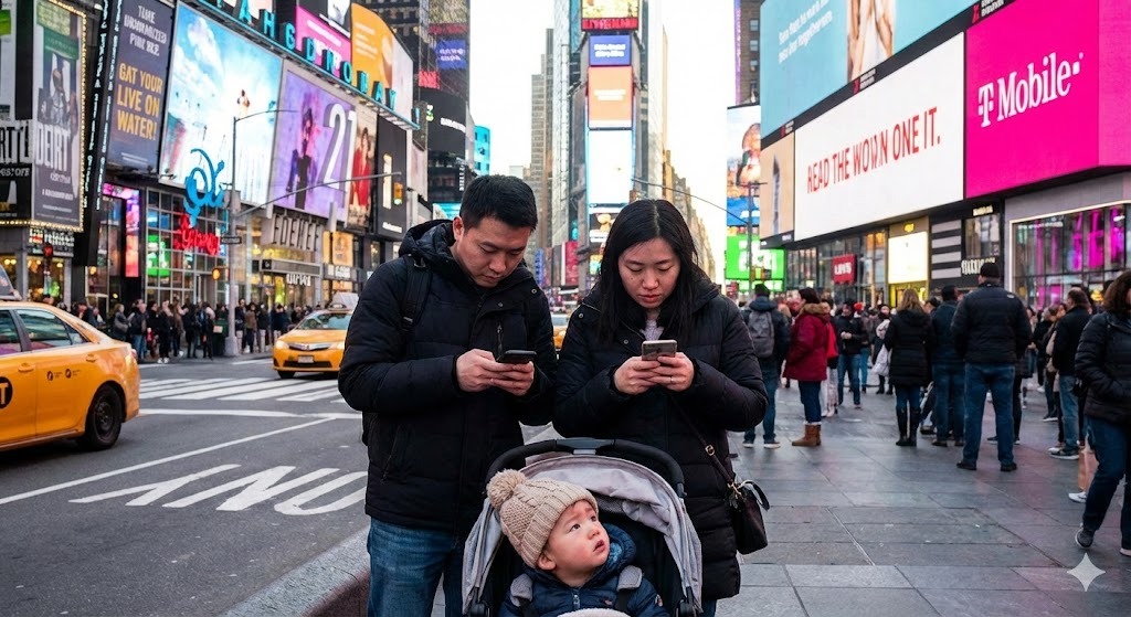 a man and woman looking at their cell phones