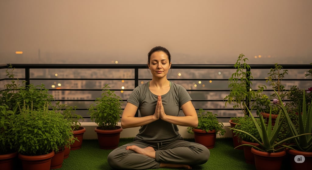 A person meditates on a green balcony overlooking a hazy, polluted city skyline, symbolizing Ayurved