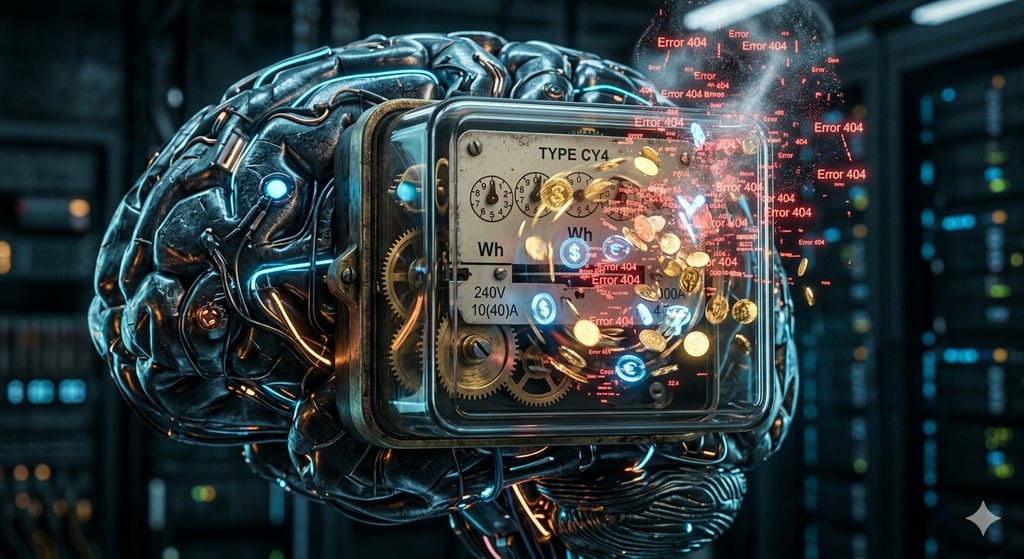 Cerebro digital fusionado con un contador de luz agotando tokens y monedas de oro en un entorno tech.