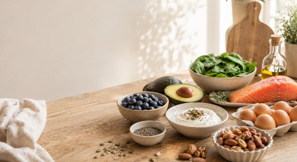 Healthy foods for hormone balance including salmon, avocado, eggs, blueberries, leafy greens, Greek