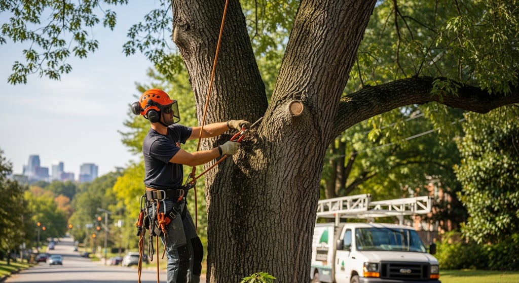 a man in a helmet is climbing up a tree