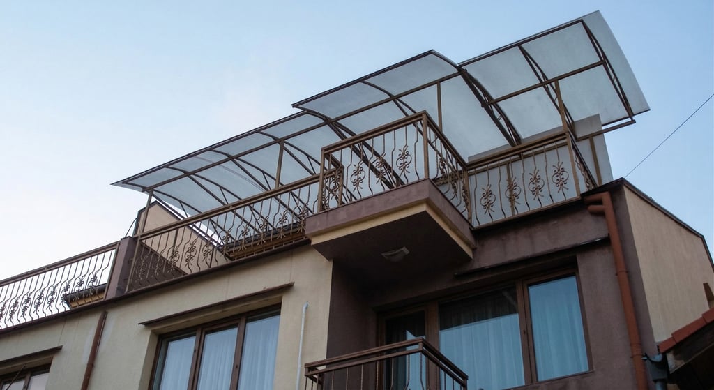 Modern rooftop terrace with wrought iron railings and a durable polycarbonate canopy for sun protection.