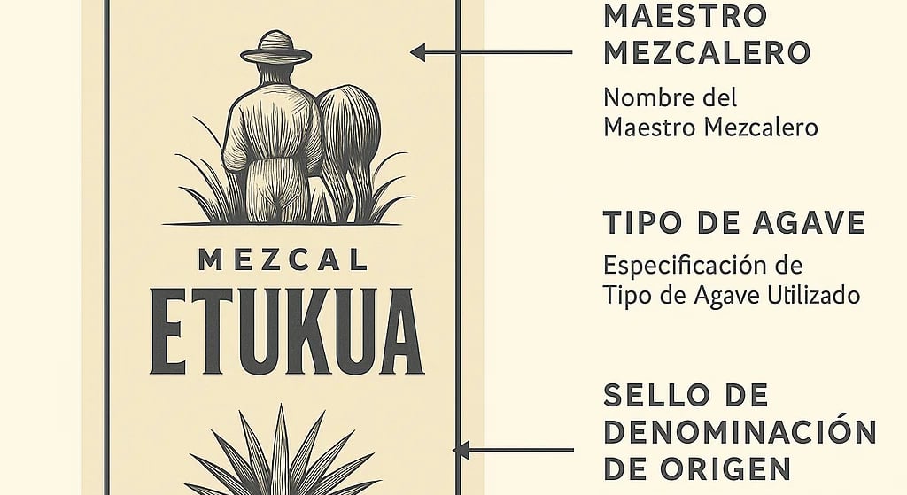Infografía desglosando elementos de etiqueta auténtica de mezcal con maestros mezcaleros y sellos of