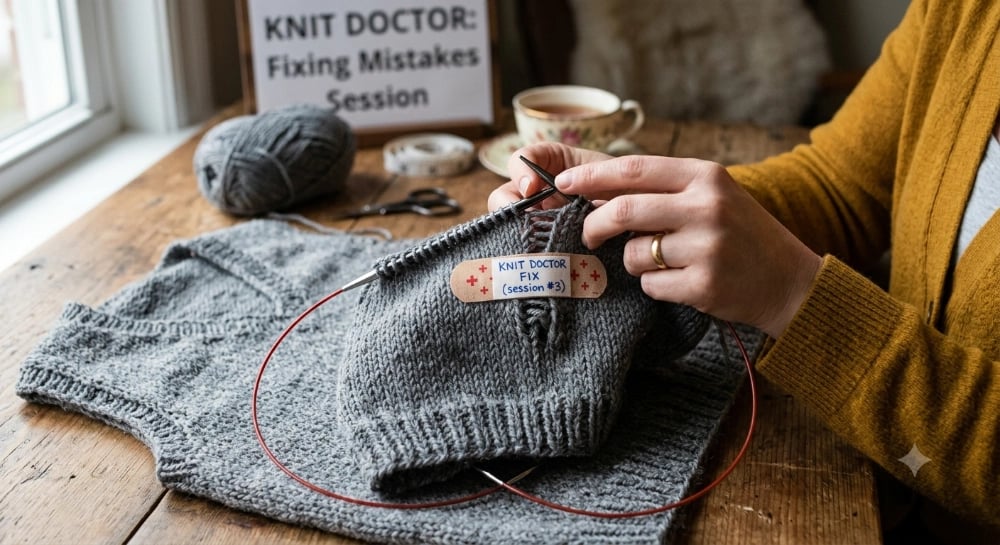 Close up of a woman knitting seated at a wooden table. Her knitting is held together with a bandaid.
