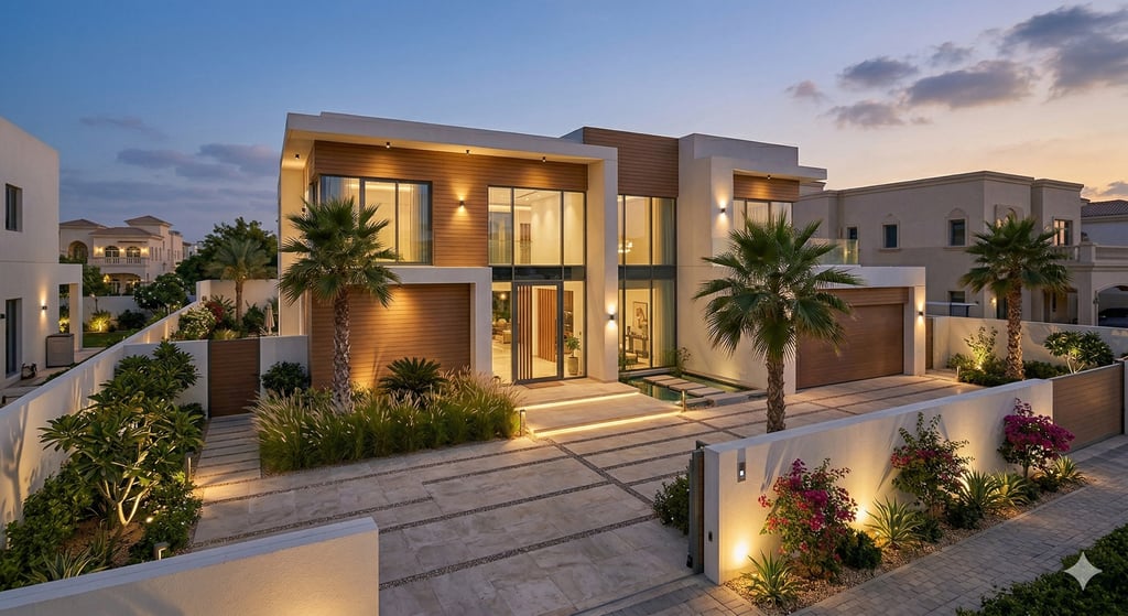 Luxury modern villa exterior with wood paneling, palm trees, and warm evening lighting.