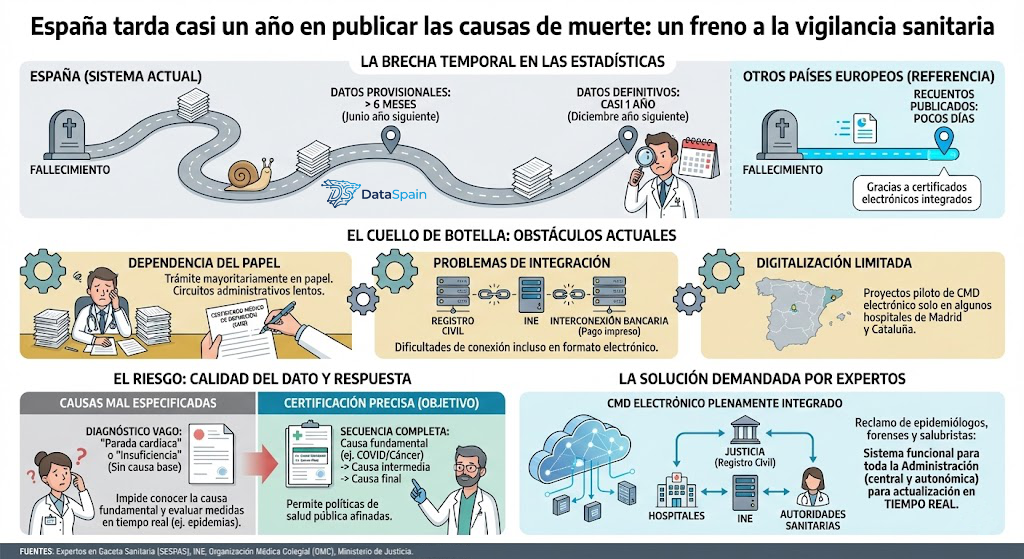 Infografía del Retraso en Estadísticas de Mortalidad en España