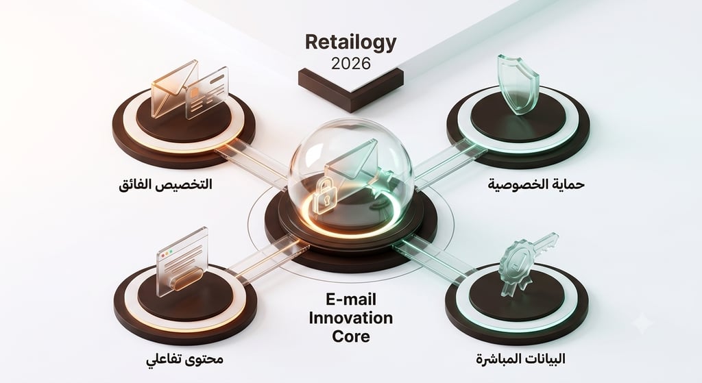 إنفوجرافيك ثلاثي الأبعاد لشركة Retailogy 2026 يوضح اتجاهات ابتكار البريد الإلكتروني، ويتضمن أربع ركا