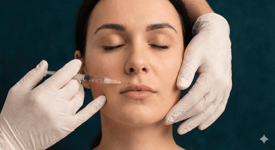 Una mujer recibiendo inyecciones de relleno labial por un profesional médico que usa guantes