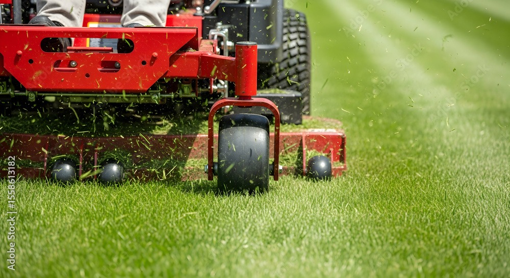 A red zero-turn commercial lawn mower cutting green grass in a professional landscaping pattern.