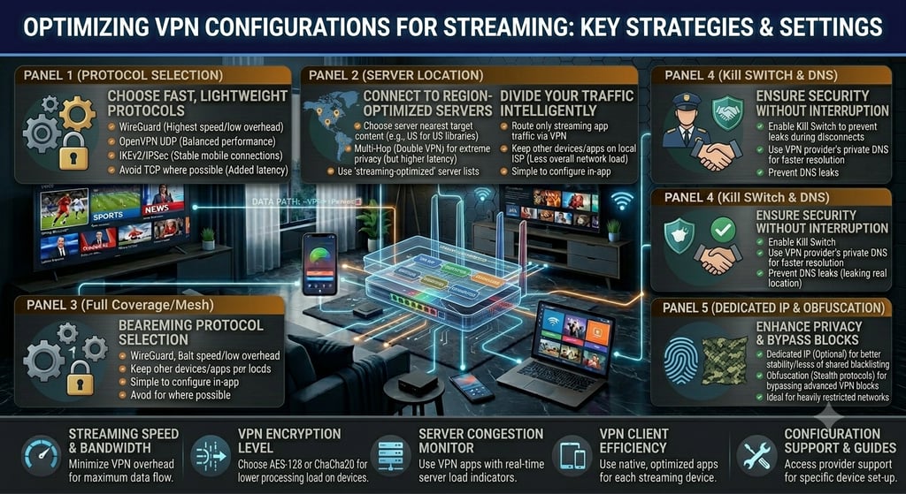 how to optimize VPN configurations for streaming with protocol selection and server settings.