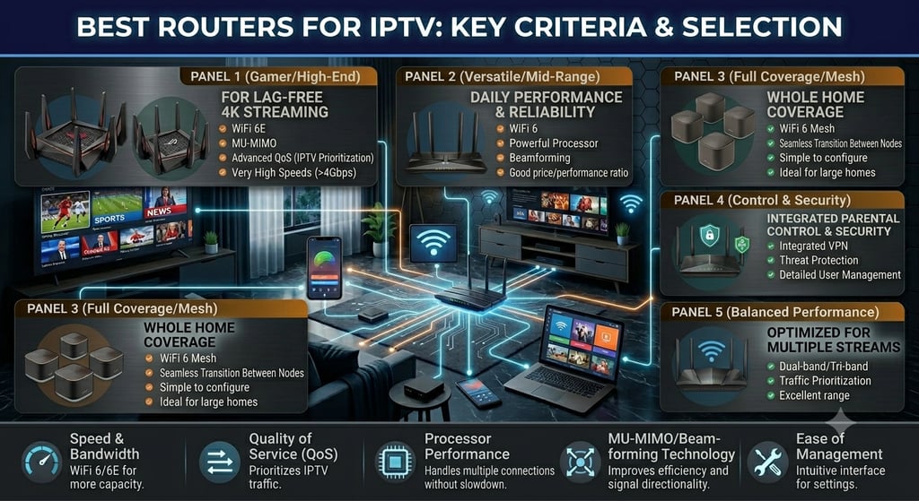 Infographic showing best routers for IPTV streaming, featuring high-end gaming, mesh, and mid-range WiFi 6 models.