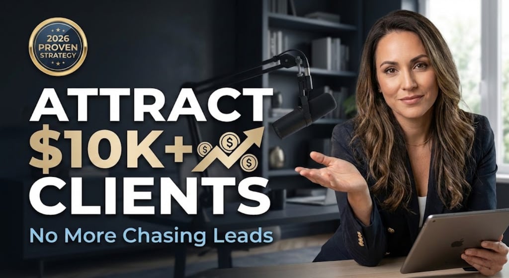 Confident female coach, gold graphics, and headline "ATTRACT $10K+ CLIENTS" on dark background.