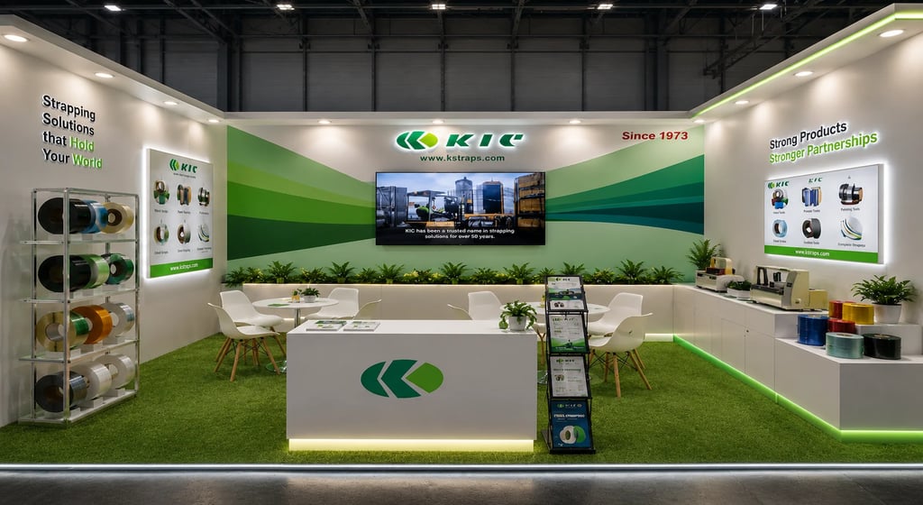 Eco-friendly packaging stand for KIC Korea at Interpack Düsseldorf featuring green grass flooring and product shelves.