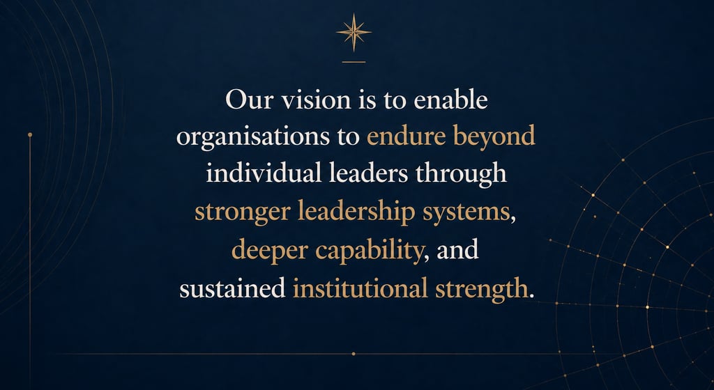 Corporate mission statement about building leadership systems and institutional strength on a dark blue background.