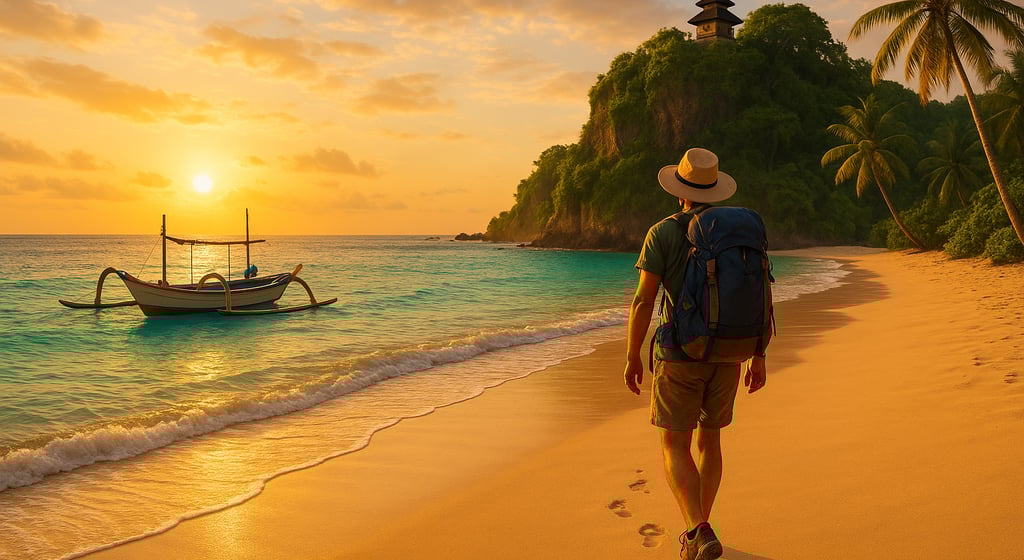 Solo backpacker walking on a tropical beach in Indonesia at sunset with a temple on the cliff and a traditional boat nearby