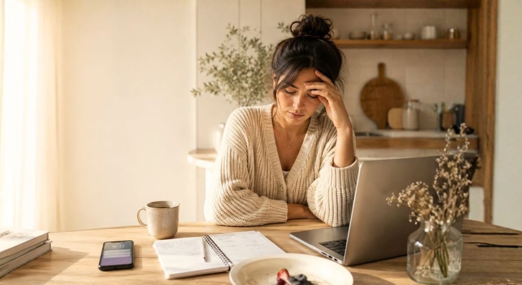 Stressed woman working from home on a laptop in a kitchen setting while managing remote work anxiety.
