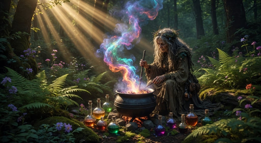 A mystical witch brewing a potion in a bubbling cauldron with colorful magic smoke in a sunny forest.