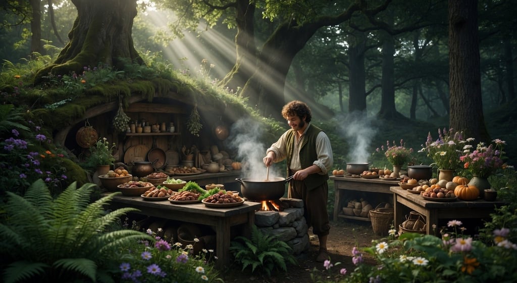 A fantasy hobbit cooking a rustic feast in an outdoor mossy kitchen with sunlight beams in a lush forest.