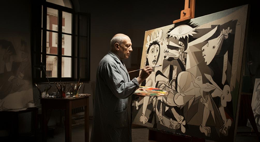 Pablo Picasso is painting a picture of a woman