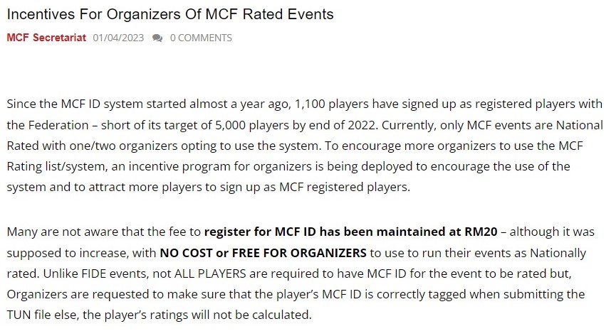 Incentives For Organizers Of MCF Rated Events. Malaysian Chess Federation. Malaysia Chess.