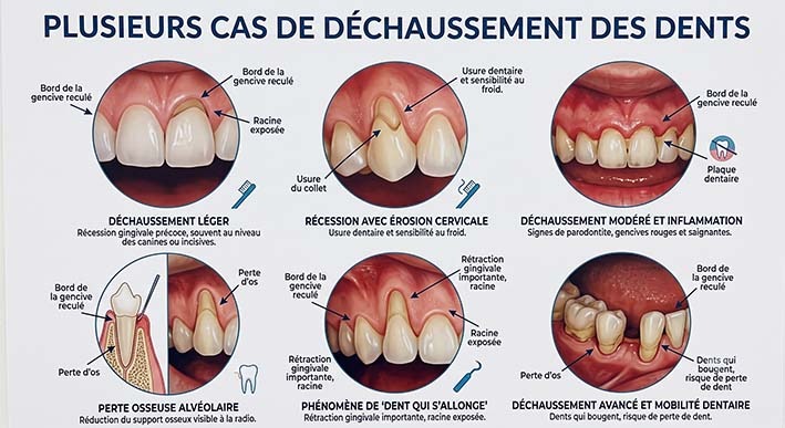 Représentation des différents cas de déchaussement des dents