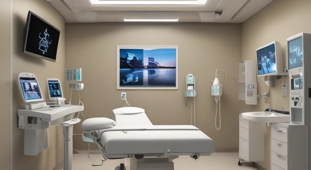 Diverse healthcare professionals collaborating in a sleek, modern hospital setting with advanced medical technology.