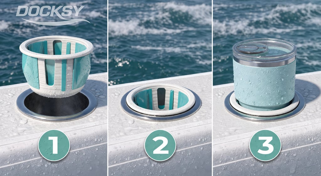 Step-by-step showing how a boat cup holder insert fits into a cup holder to stop drinks rattling