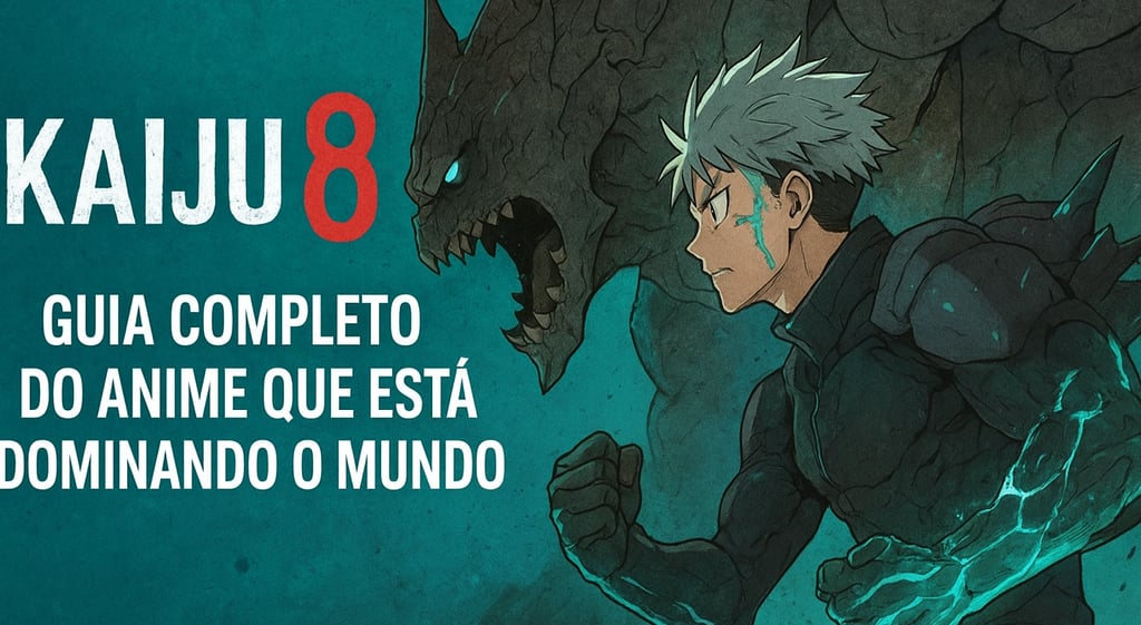 "Pôster do anime Kaiju No. 8 com o título 'KAIJU8' em destaque e os dizeres 'Guia Completo do Anime