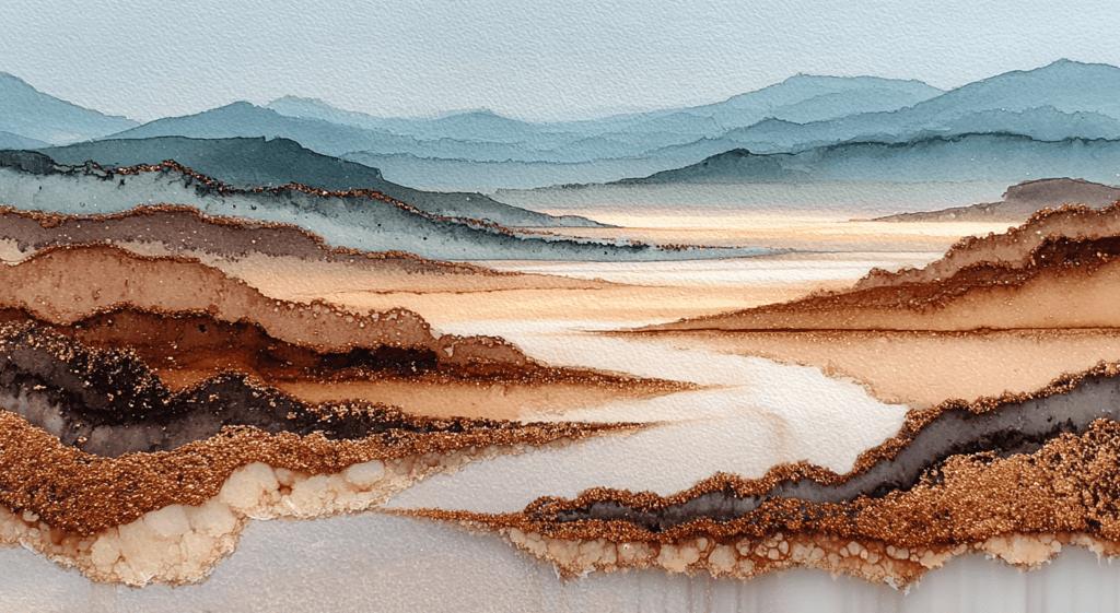 watercolor desert landscape with layered bands of ochre, rust, and charcoal tones