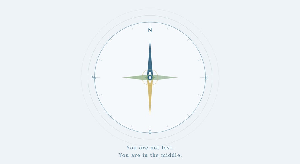 Minimalist compass illustration in cool blues and gold with the text You are not lost. You are in the middle.