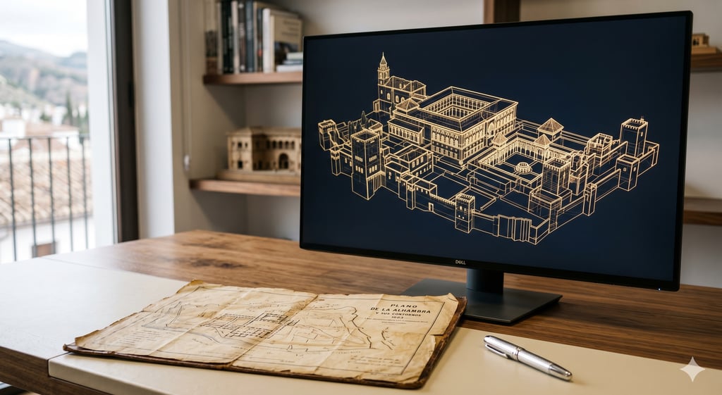 Monitor mostrando modelo 3D de la Alhambra junto a un mapa antiguo.