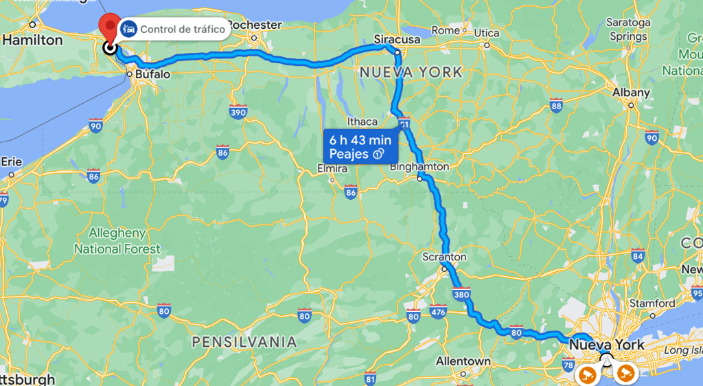 Ruta de Nueva York a Niágara Falls