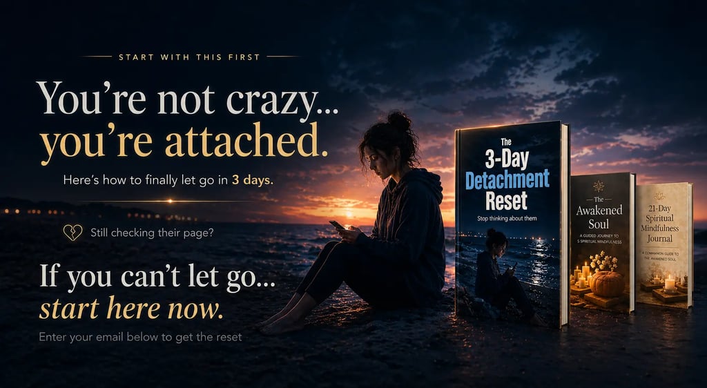 A woman sitting on a beach at sunset using her phone next to emotional healing and mindfulness books.