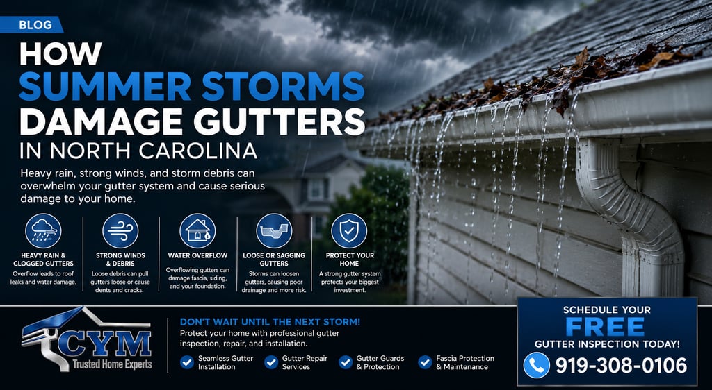 Storm damaged seamless gutters overflowing during heavy summer rain in North Carolina home
