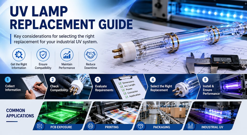 Industrial UV lamp replacement guide showing compatibility evaluation, specification review, and rep