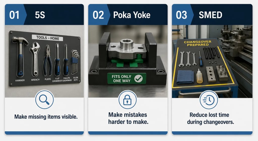Lean tools including 5S, Poka Yoke and SMED to improve workplace organisation and reduce downtime.