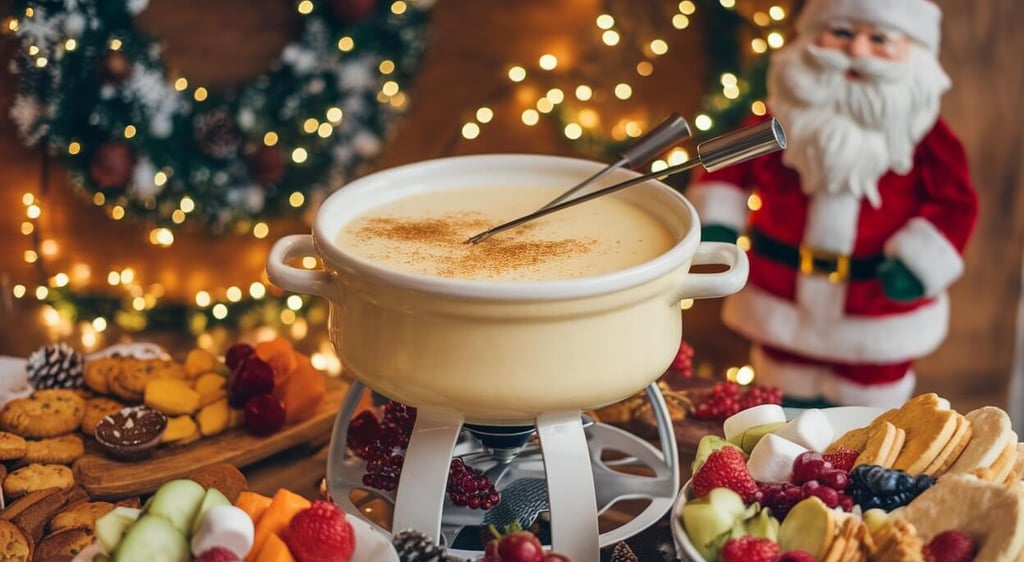 Christmas setting with a pot of eggnog fondue and dippers